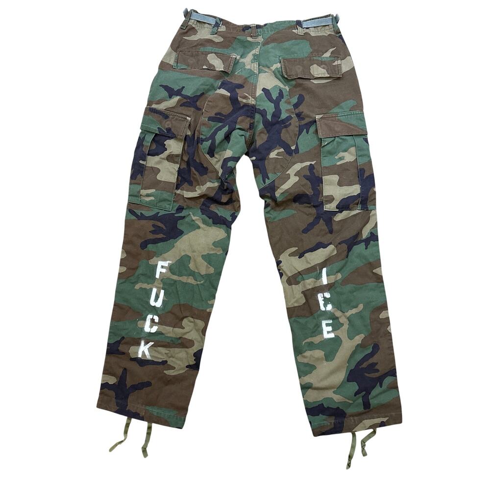 Custom F*** ICE Military BDU Small short 31x29 cargo double knee forest camo - Picture 3 of 5